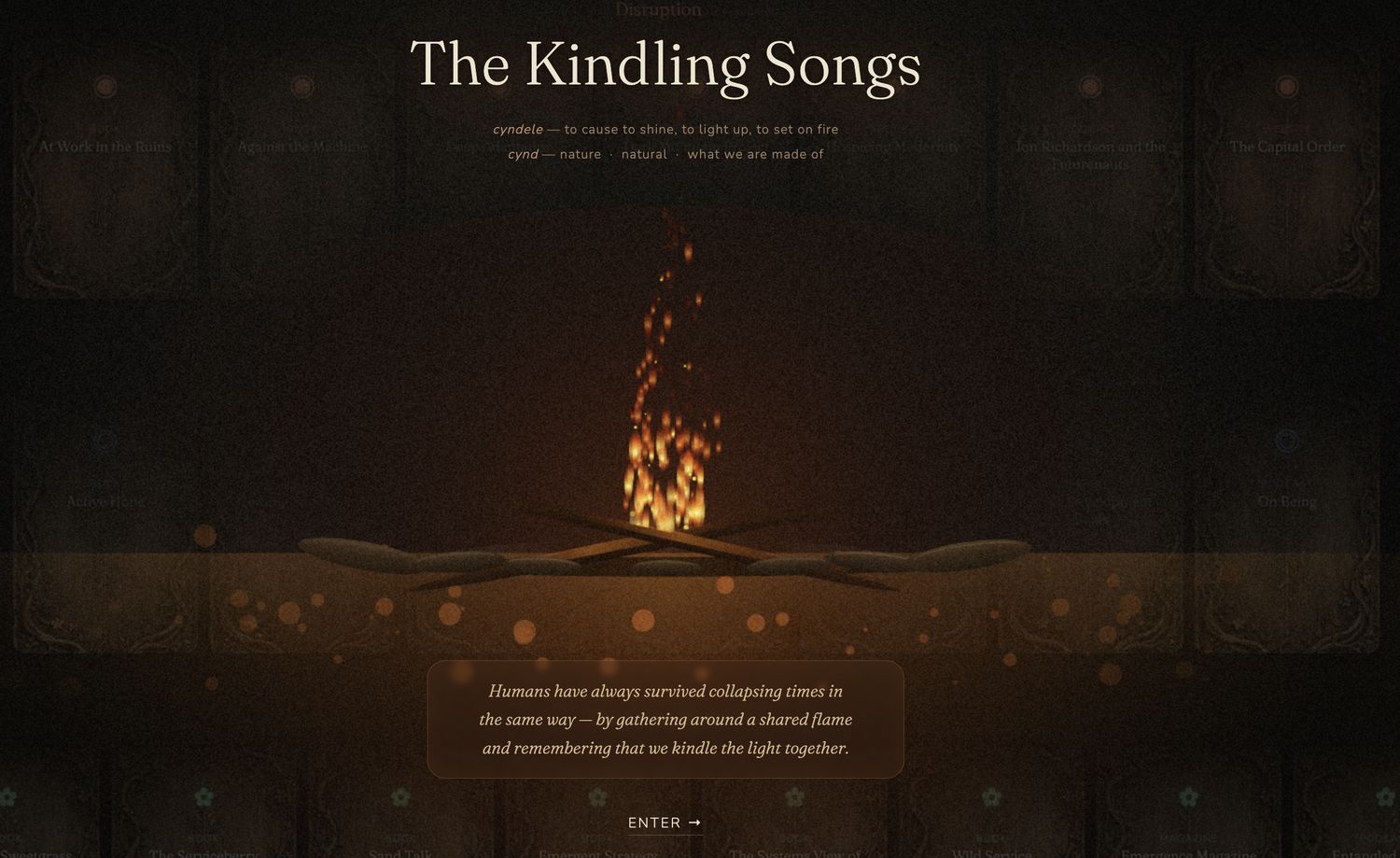 The Kindling Songs app — a fire burning in the dark, with the title above it
