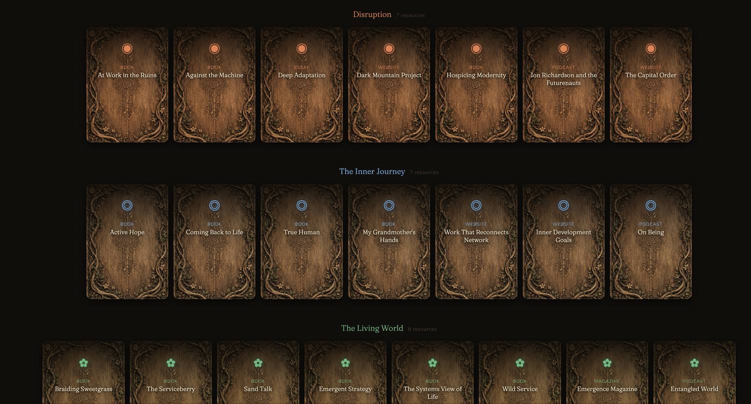 The Kindling — a deck of carved wooden resource cards, grouped by theme